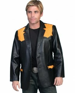 Scully Men's Ostrich Trim Leather Blazer Black -Scully Shop 082818 T4 P1