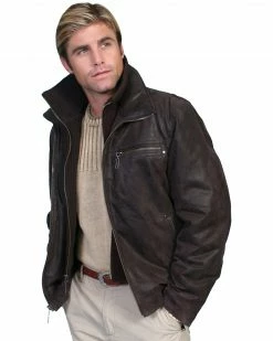 Scully Zip-Out Front & Collar Lambskin Jacket For Men's Brown