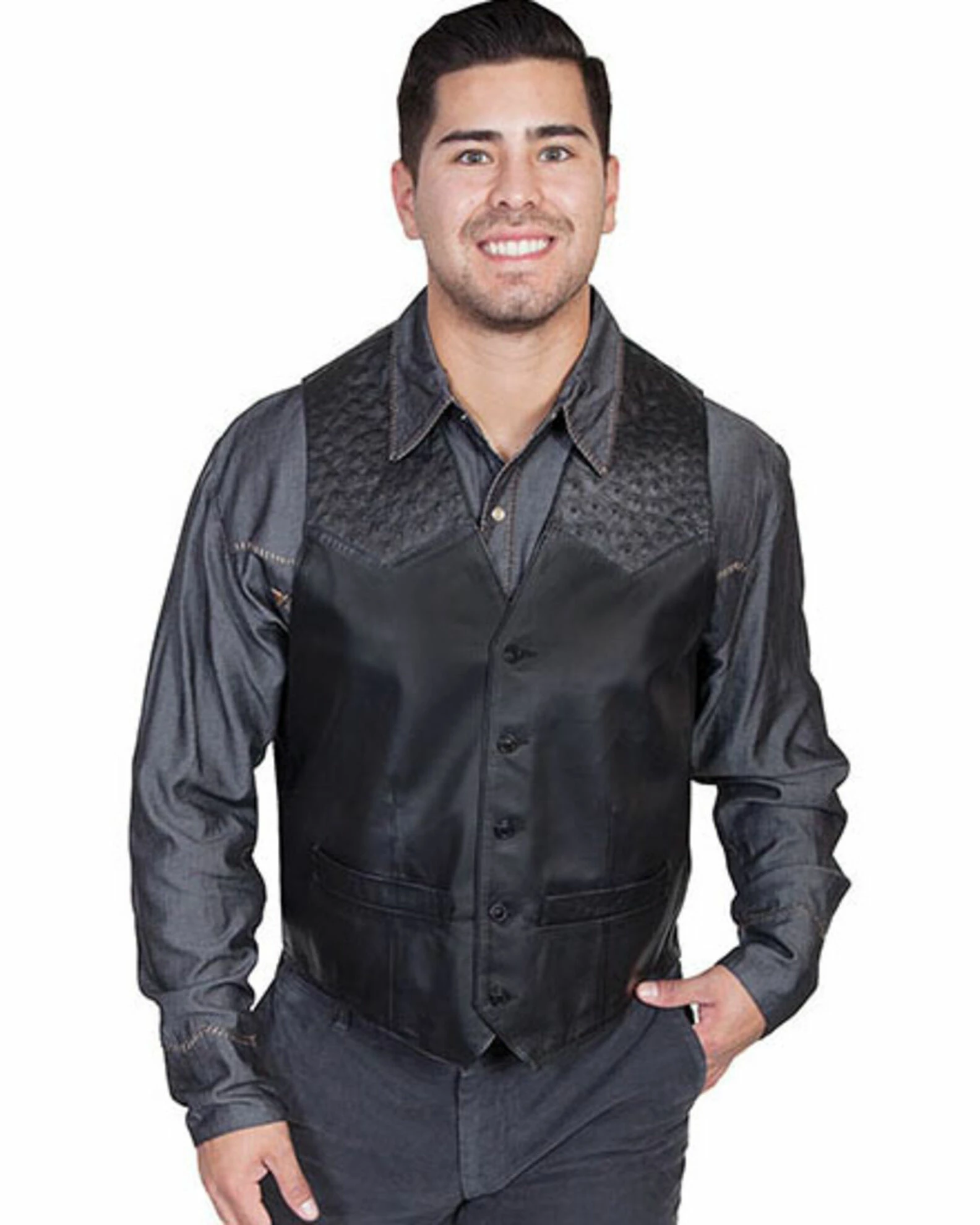 Scully Men's Ostrich Trim Leather Vest Black 3 Scully Men's Ostrich Trim Leather Vest Black