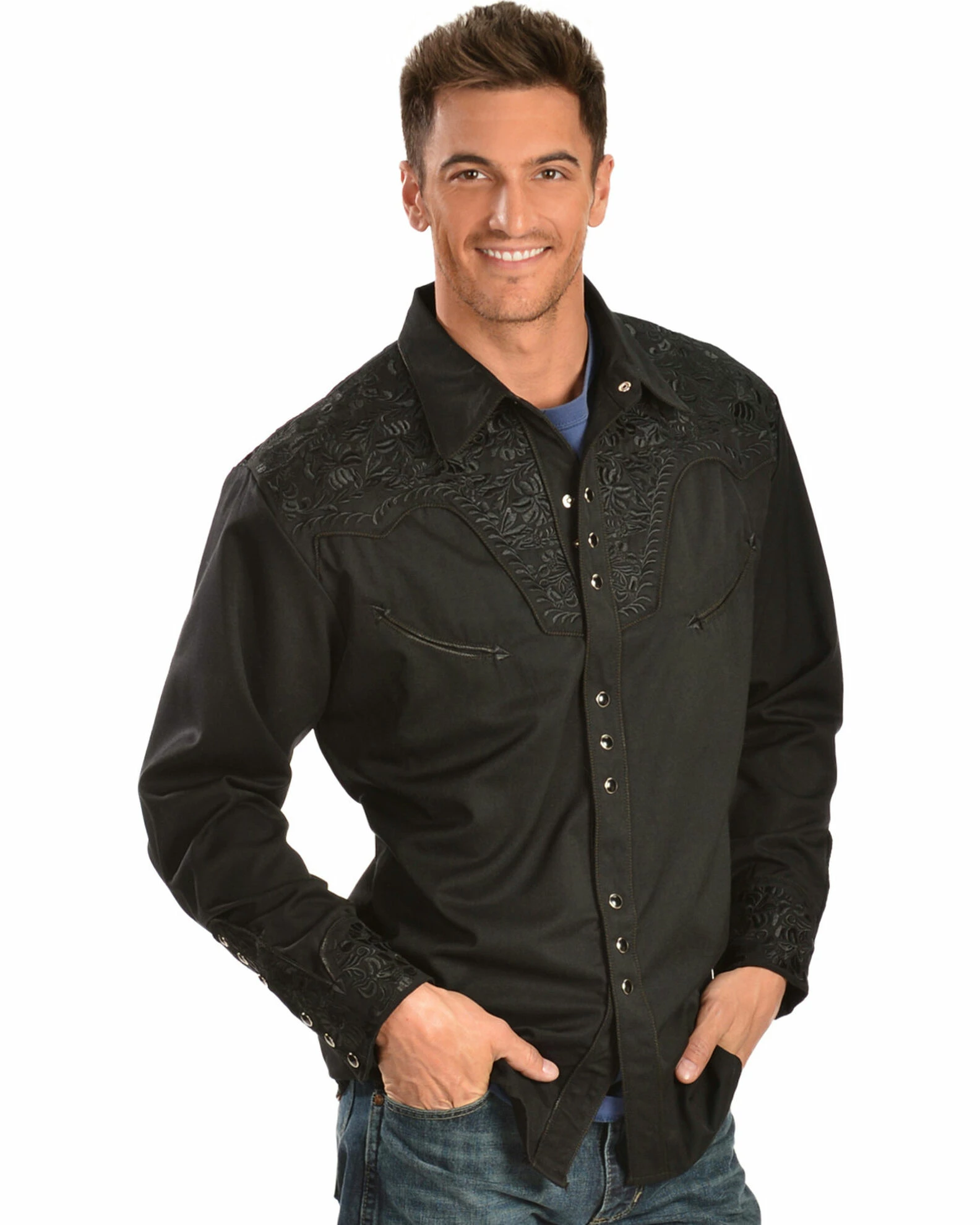 Scully Floral Embroidery Black Retro Western Shirt - Big & Tall For Men's Jet 4 Scully Floral Embroidery Black Retro Western Shirt - Big & Tall For Men's Jet - Image 2