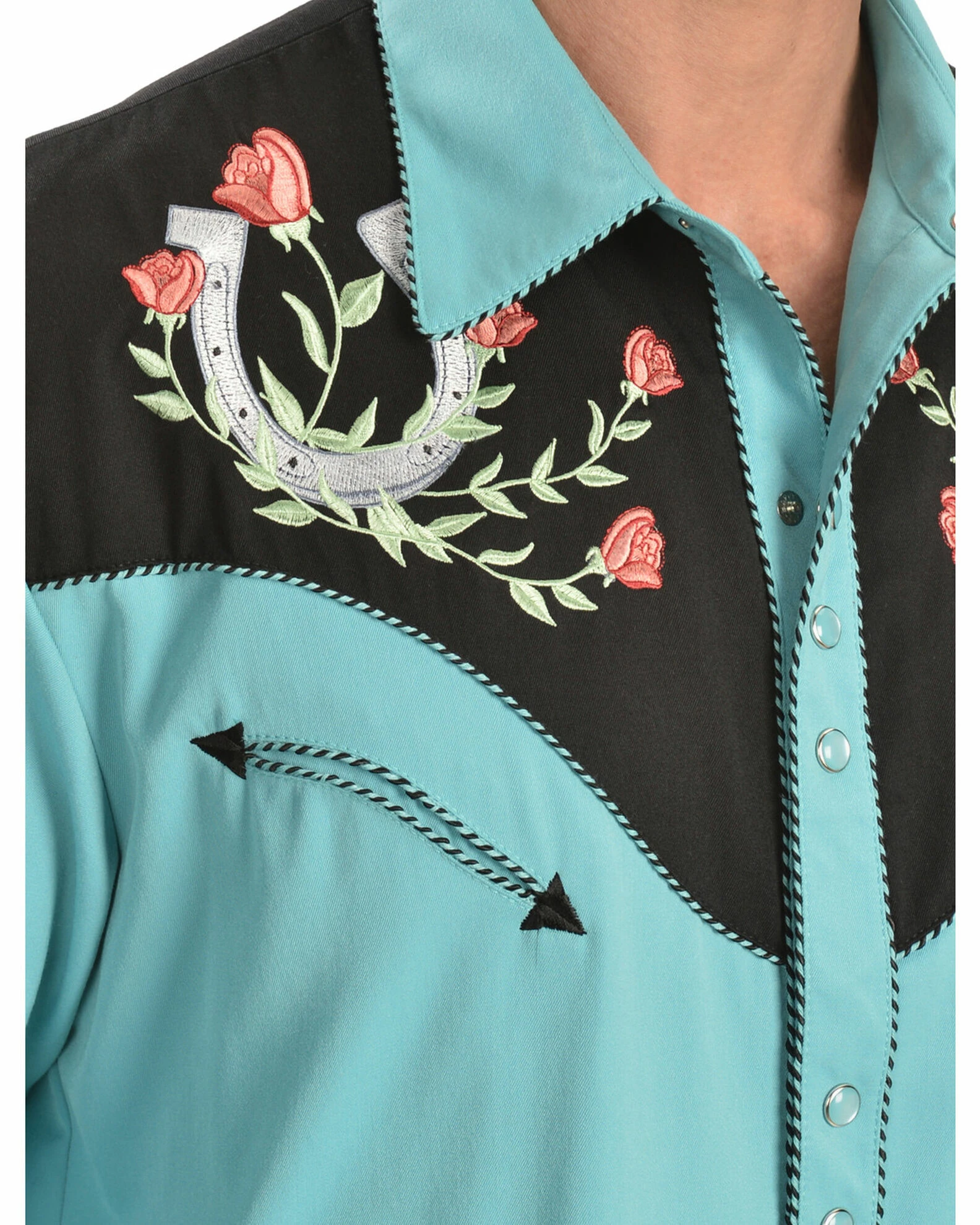 Scully Men's Rose & Horseshoe Embroidered Retro Long Sleeve Western Shirt Turquoise 4 Scully Men's Rose & Horseshoe Embroidered Retro Long Sleeve Western Shirt Turquoise - Image 2
