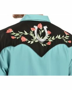 Scully Men's Rose & Horseshoe Embroidered Retro Long Sleeve Western Shirt Turquoise 10 Scully Men's Rose & Horseshoe Embroidered Retro Long Sleeve Western Shirt Turquoise -Scully Shop 0921T8 64 D2
