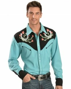 Scully Men's Rose & Horseshoe Embroidered Retro Long Sleeve Western Shirt Turquoise