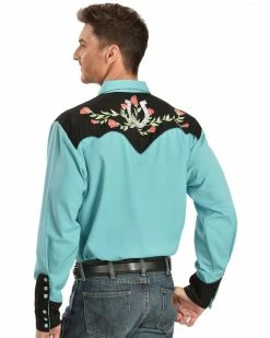Scully Men's Rose & Horseshoe Embroidered Retro Long Sleeve Western Shirt Turquoise 9 Scully Men's Rose & Horseshoe Embroidered Retro Long Sleeve Western Shirt Turquoise -Scully Shop 0921T8 64 P2