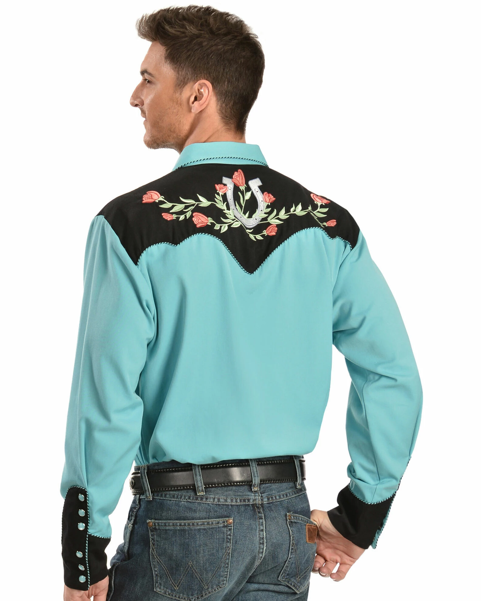 Scully Men's Rose & Horseshoe Embroidered Retro Long Sleeve Western Shirt Turquoise 5 Scully Men's Rose & Horseshoe Embroidered Retro Long Sleeve Western Shirt Turquoise - Image 3