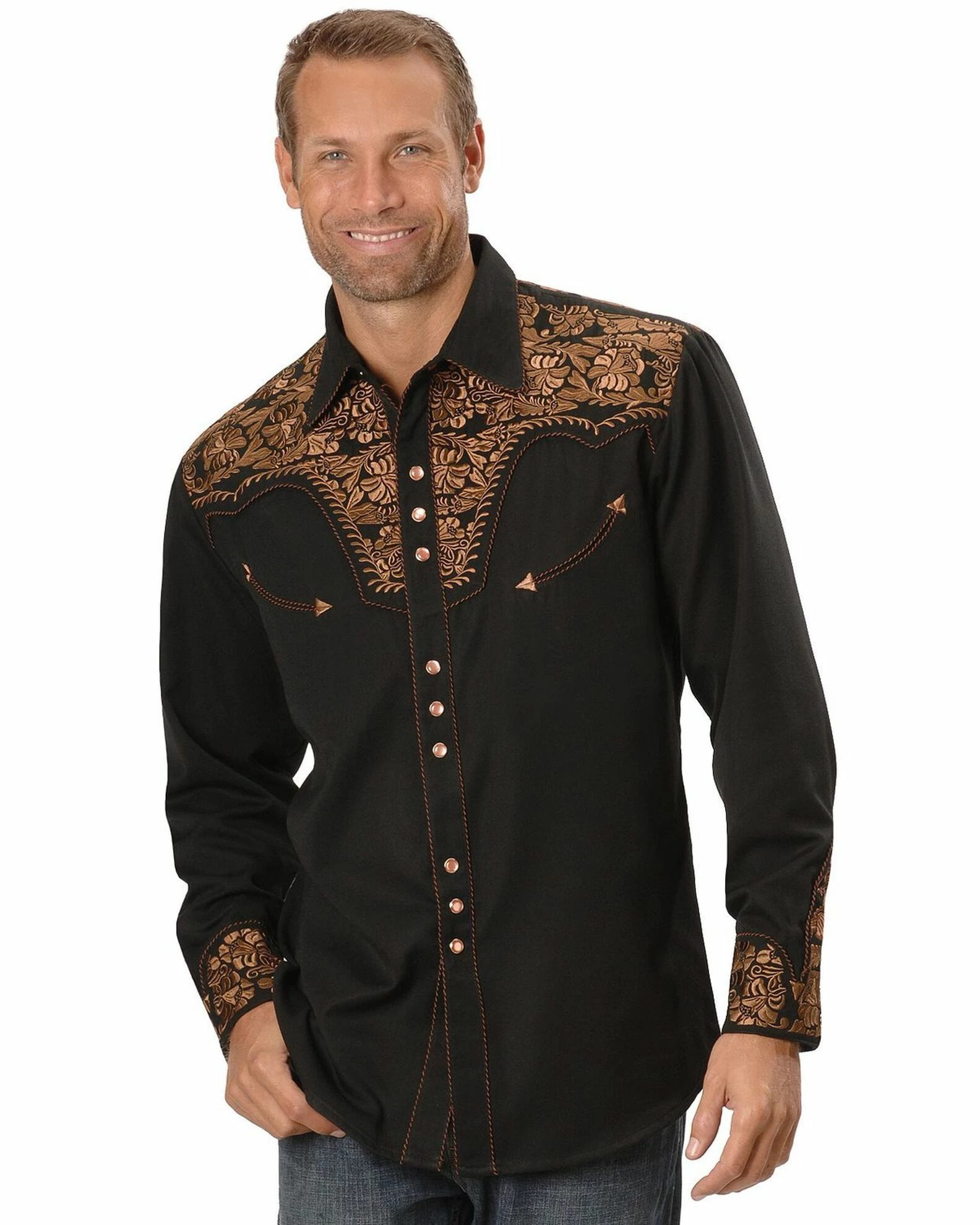 Scully Floral Embroidered Western Shirt For Men's Black 3 Scully Floral Embroidered Western Shirt For Men's Black
