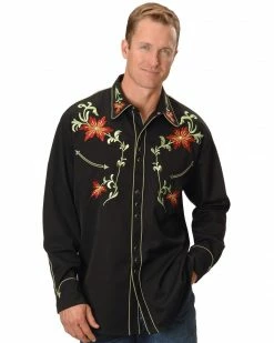 Scully Men's Floral Embroidered Vintage Long Sleeve Western Shirt Black -Scully Shop 092H15 89 P1 1
