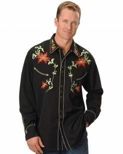 Scully Men's Floral Embroidered Vintage Long Sleeve Western Shirt Black