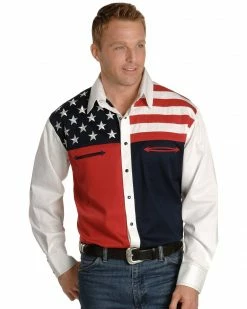 Scully Men's Patriotic American Flag Colorblock Long Sleeve Western Shirt Blue -Scully Shop 092M97 83 P1 1