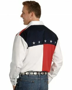 Scully Men's Patriotic American Flag Colorblock Long Sleeve Western Shirt Blue -Scully Shop 092M97 83 P2