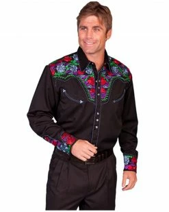Scully Men's Vibrant Floral Embroidered Retro Long Sleeve Western Shirt Indigo