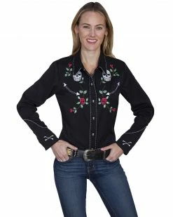 Scully Women's Skulls And Roses Retro Western Shirt Black