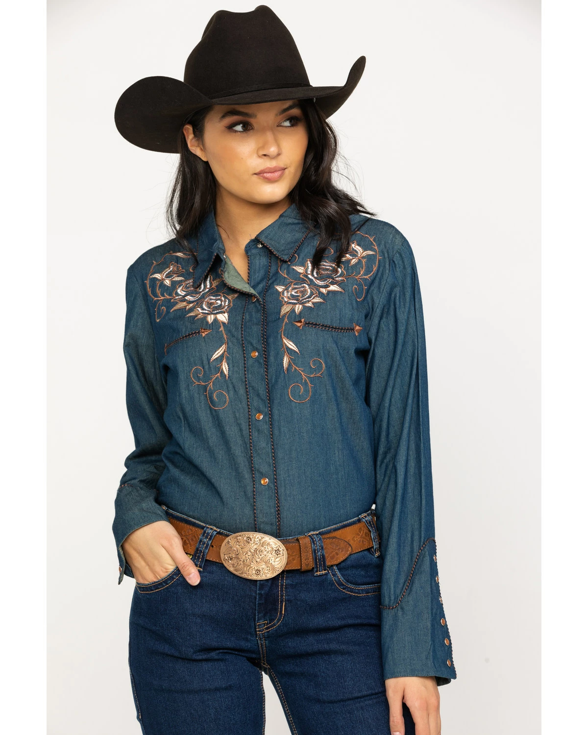 Scully Women's Rose Embroidered Denim Long Sleeve Western Shirt Blue 9 Scully Women's Rose Embroidered Denim Long Sleeve Western Shirt Blue - Image 7