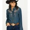 Scully Women's Rose Embroidered Denim Long Sleeve Western Shirt Blue