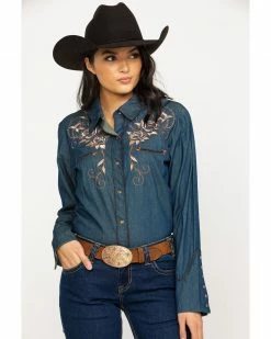 Scully Women's Rose Embroidered Denim Long Sleeve Western Shirt Blue