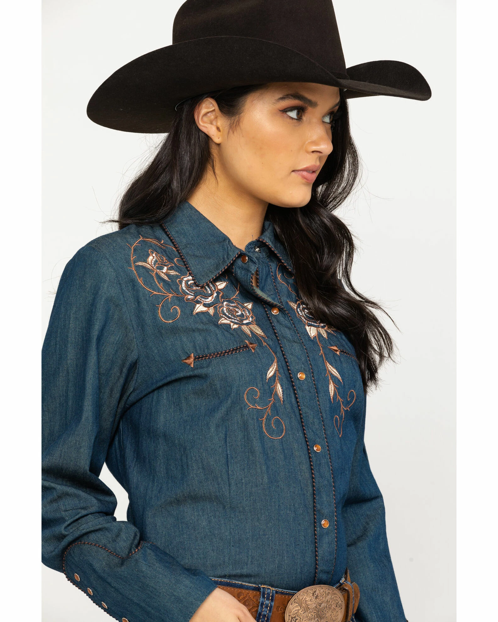 Scully Women's Rose Embroidered Denim Long Sleeve Western Shirt Blue 5 Scully Women's Rose Embroidered Denim Long Sleeve Western Shirt Blue - Image 3