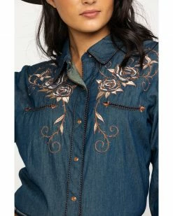 Scully Women's Rose Embroidered Denim Long Sleeve Western Shirt Blue 12 Scully Women's Rose Embroidered Denim Long Sleeve Western Shirt Blue -Scully Shop 2000243849 400 P4