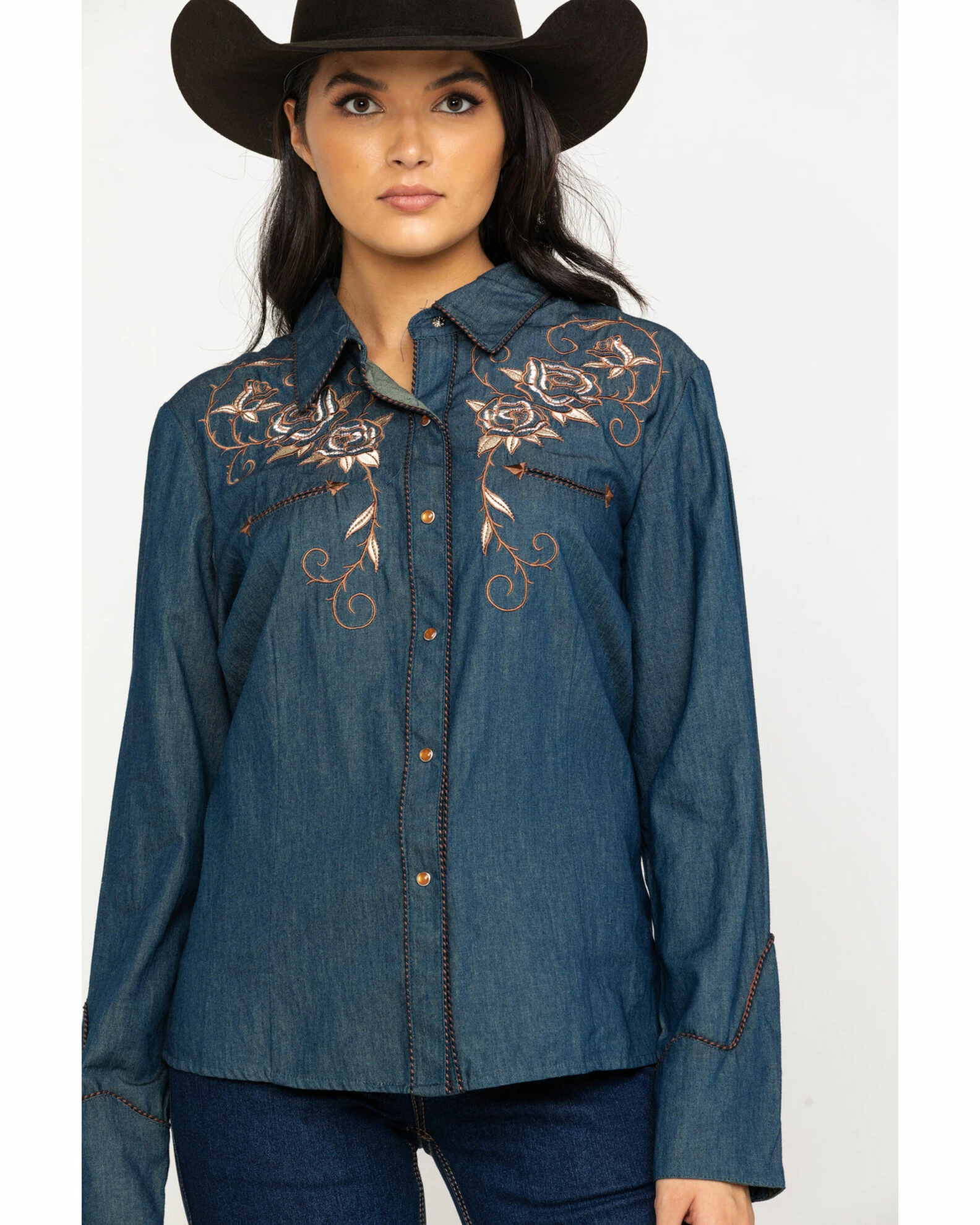 Scully Women's Rose Embroidered Denim Long Sleeve Western Shirt Blue 7 Scully Women's Rose Embroidered Denim Long Sleeve Western Shirt Blue - Image 5