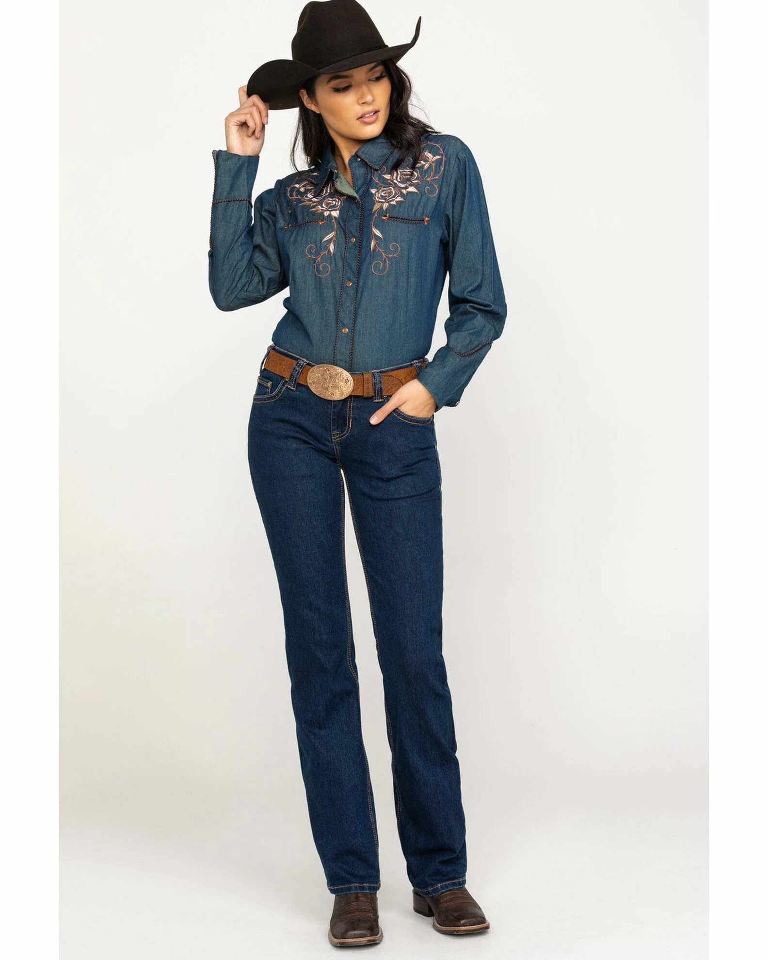 Scully Women's Rose Embroidered Denim Long Sleeve Western Shirt Blue 8 Scully Women's Rose Embroidered Denim Long Sleeve Western Shirt Blue - Image 6