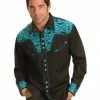 Scully Men's Turquoise Gunfighter Embroidered Long Sleeve Western Shirt 