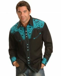 Scully Men's Turquoise Gunfighter Embroidered Long Sleeve Western Shirt 