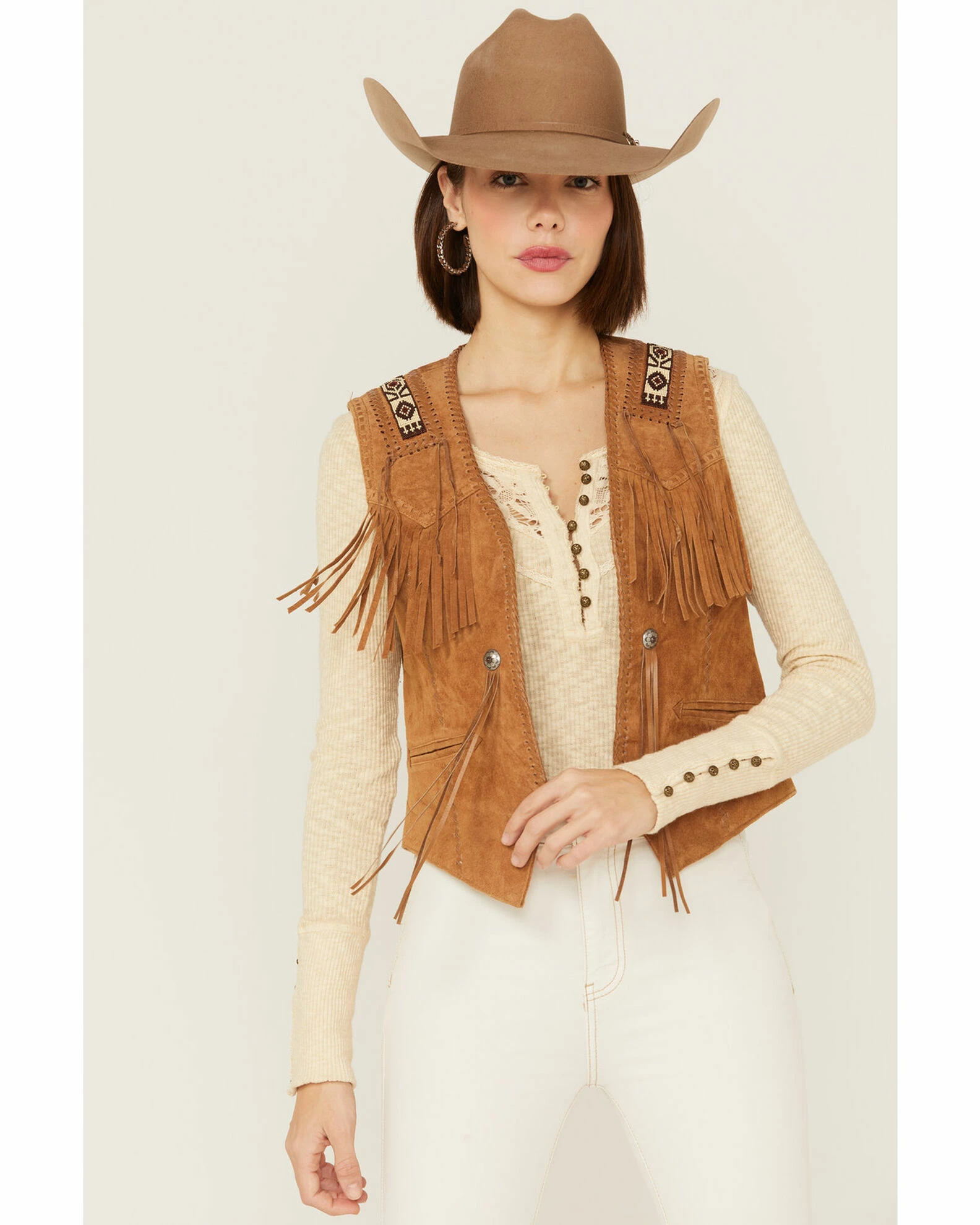 Leatherwear By Scully Women's Boar Suede Beaded Fringe Vest Tan 4 Leatherwear By Scully Women's Boar Suede Beaded Fringe Vest Tan - Image 2