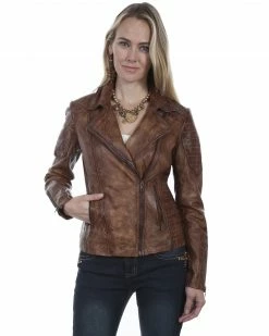Leatherwear By Scully Women's Brown Cross Zip Moto Leather Jacket