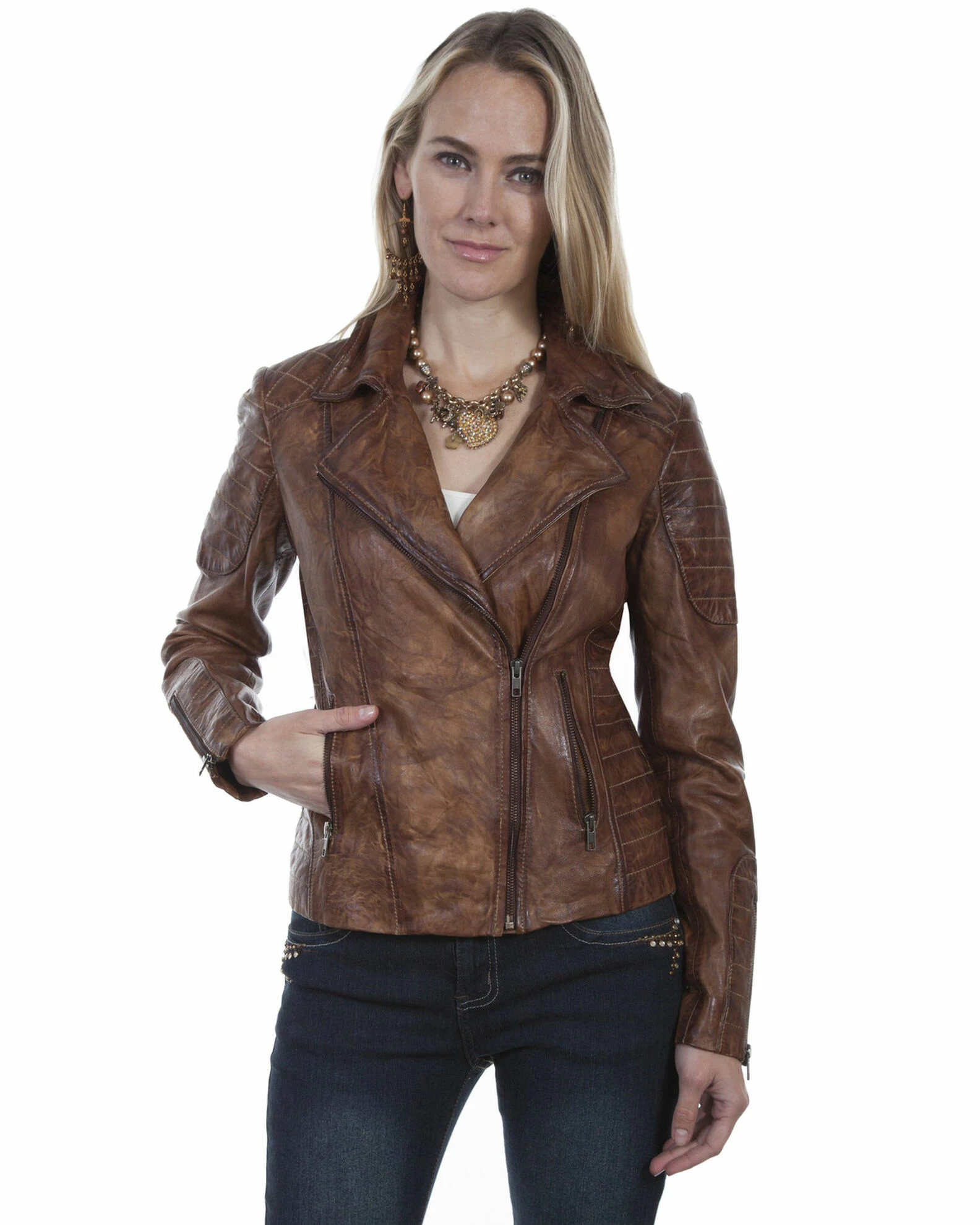 Leatherwear By Scully Women's Brown Cross Zip Moto Leather Jacket 3 Leatherwear By Scully Women's Brown Cross Zip Moto Leather Jacket
