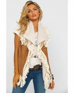 Honey Creek By Scully Women's Faux Fur Embellished Fringe Vest Tan