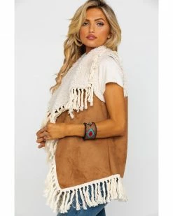 Honey Creek By Scully Women's Faux Fur Embellished Fringe Vest  Tan -Scully Shop 2000280576 280 P5