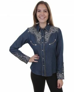 Scully Women's Vine Embroidered Long Sleeve Western Shirt Blue