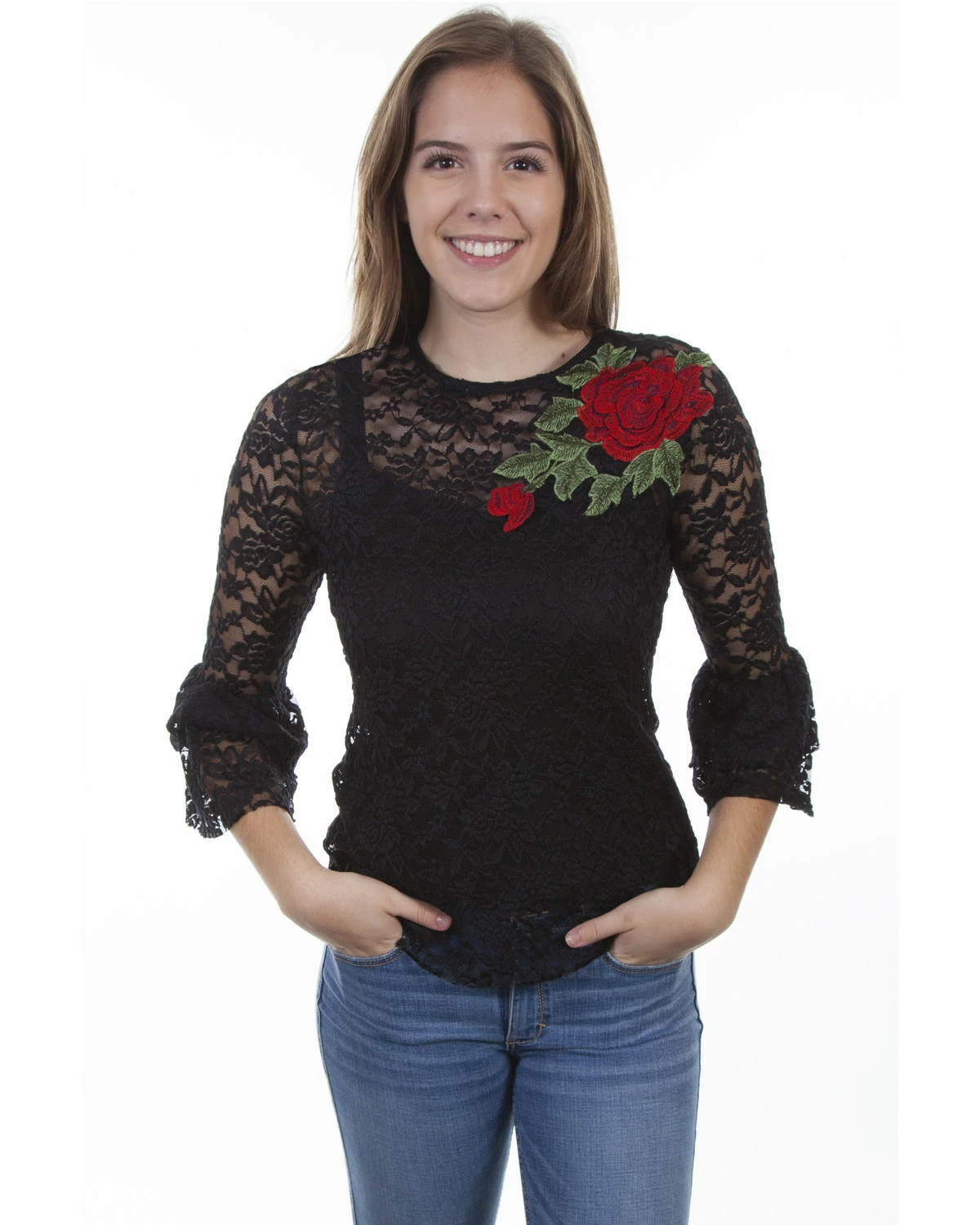 Honey Creek By Scully Women's Rose Applique Long Sleeve Lace Top Black 4 Honey Creek By Scully Women's Rose Applique Long Sleeve Lace Top Black - Image 2