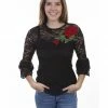 Honey Creek By Scully Women's Rose Applique Long Sleeve Lace Top  Black -Scully Shop 2000281294 001 P1