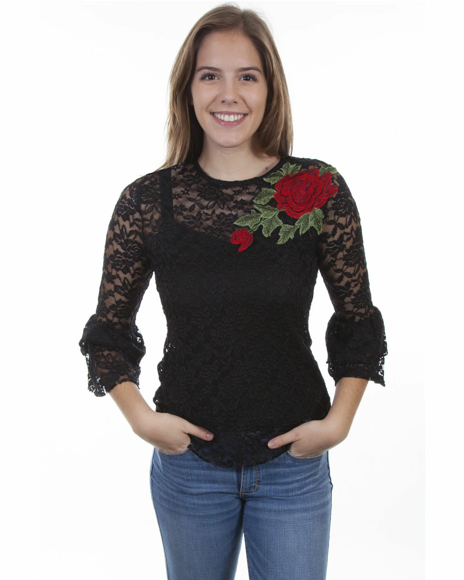 Honey Creek By Scully Women's Rose Applique Long Sleeve Lace Top Black 3 Honey Creek By Scully Women's Rose Applique Long Sleeve Lace Top Black