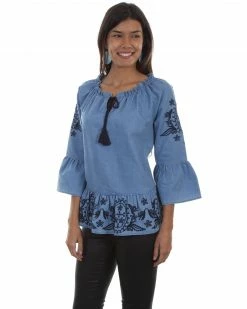 Honey Creek By Scully Women's Denim Peplum Long Sleeve Blouse Blue