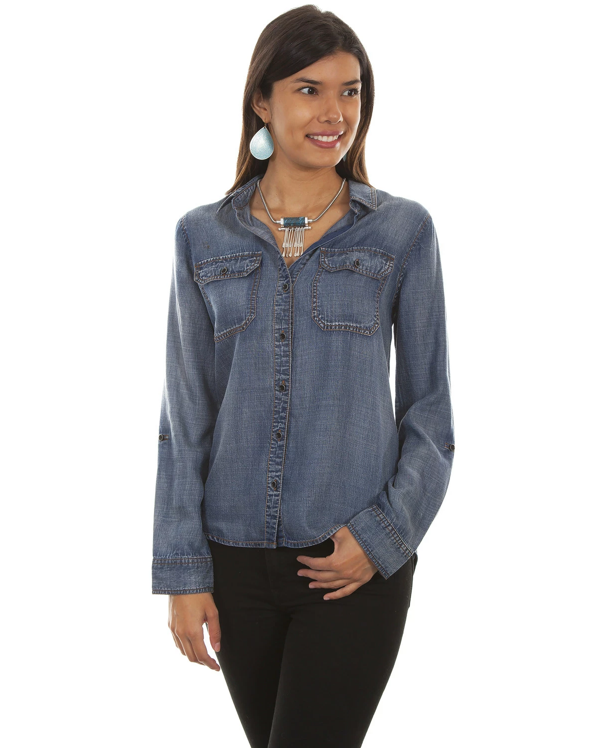 Scully Honey Creek By Sully Women's Denim Hi-Low Lace-Up Blouse Blue 5 Scully Honey Creek By Sully Women's Denim Hi-Low Lace-Up Blouse Blue - Image 3