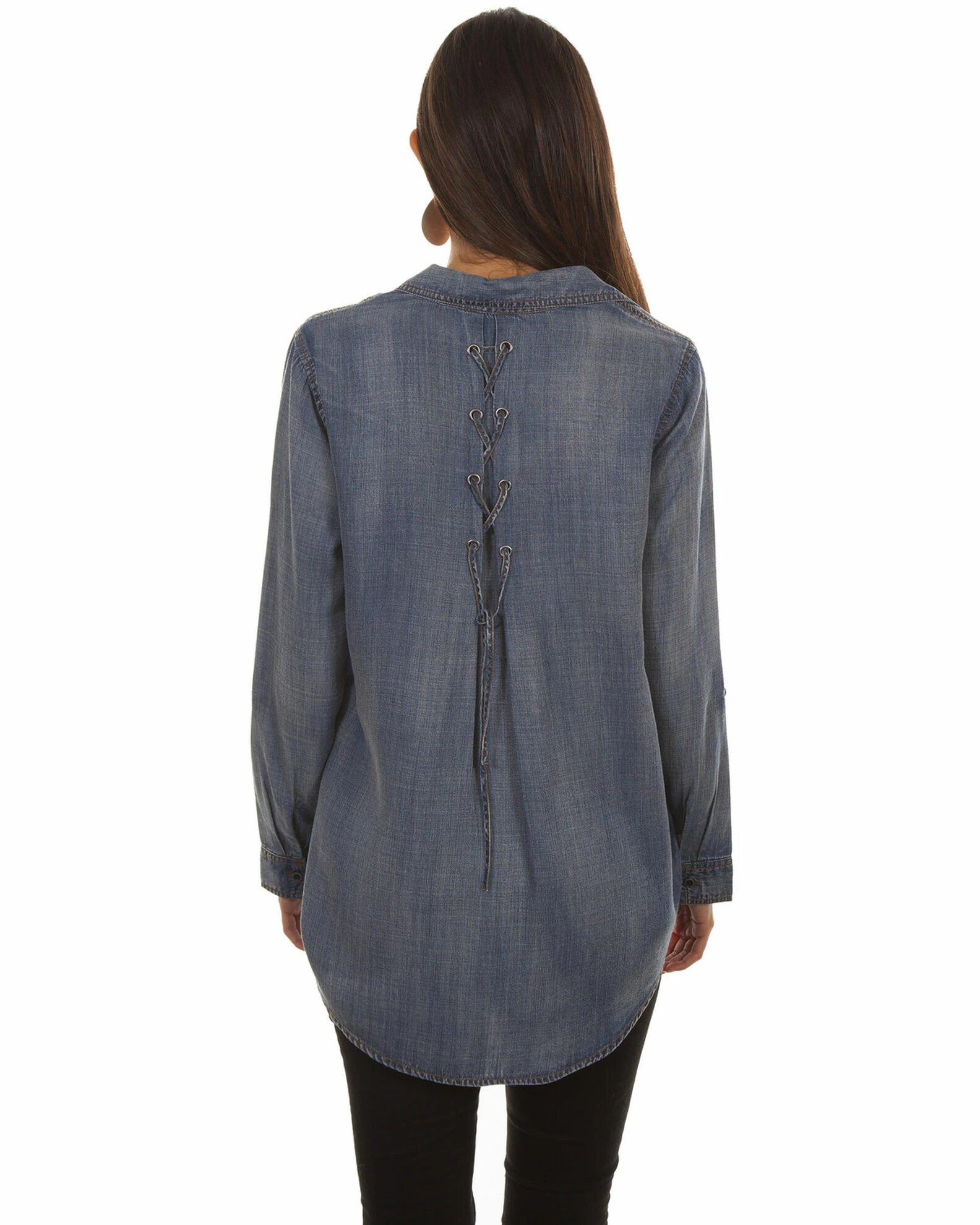 Scully Honey Creek By Sully Women's Denim Hi-Low Lace-Up Blouse Blue 4 Scully Honey Creek By Sully Women's Denim Hi-Low Lace-Up Blouse Blue - Image 2