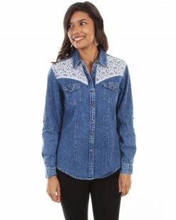 Honey Creek By Scully Women's Denim Lace Long Sleeve Western Top Blue