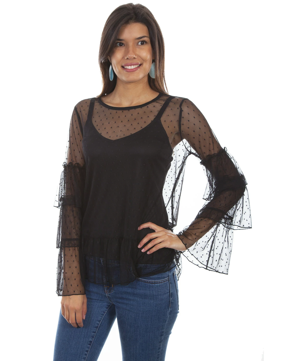 Honey Creek By Scully Women's Swiss Dot Triple Ruffle Top Black 4 Honey Creek By Scully Women's Swiss Dot Triple Ruffle Top Black - Image 2