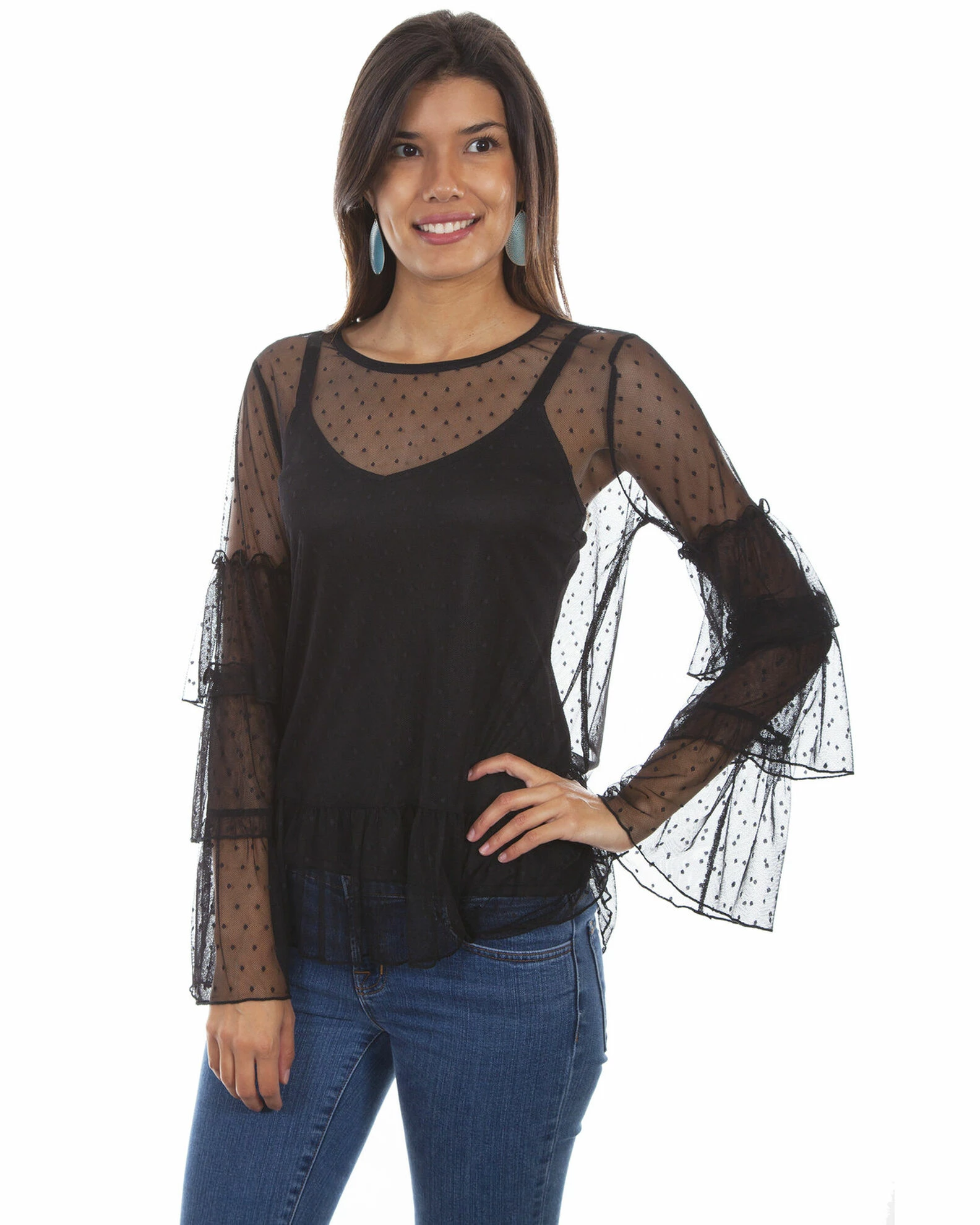 Honey Creek By Scully Women's Swiss Dot Triple Ruffle Top Black 3 Honey Creek By Scully Women's Swiss Dot Triple Ruffle Top Black