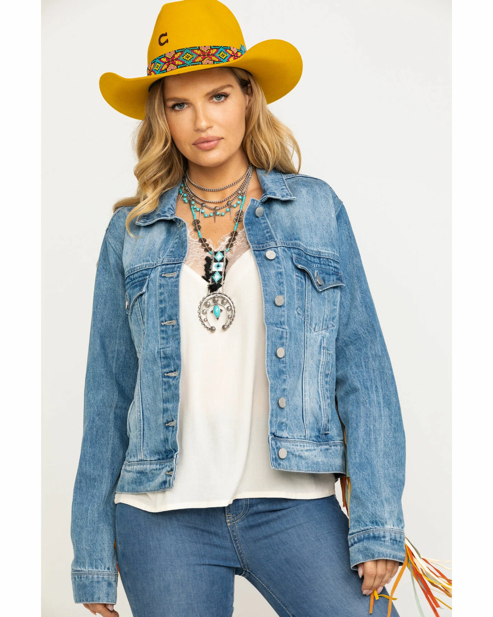 Honey Creek By Scully Women's Colorful Fringe Denim Jacket Blue 7 Honey Creek By Scully Women's Colorful Fringe Denim Jacket Blue - Image 5