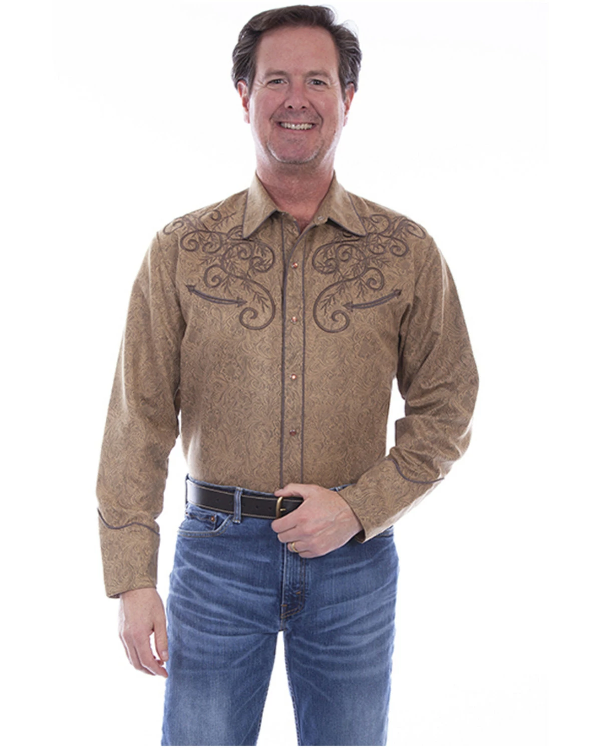 Scully Men's Tan All Over Paisley Print Embroidered Long Sleeve Snap Western Shirt 5 Scully Men's Tan All Over Paisley Print Embroidered Long Sleeve Snap Western Shirt - Image 3
