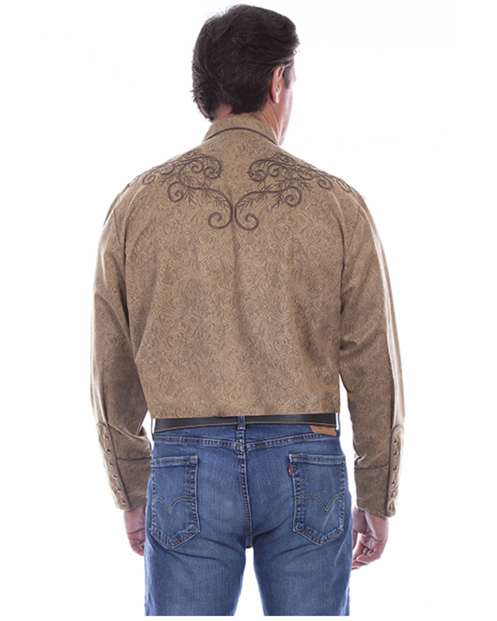 Scully Men's Tan All Over Paisley Print Embroidered Long Sleeve Snap Western Shirt 4 Scully Men's Tan All Over Paisley Print Embroidered Long Sleeve Snap Western Shirt - Image 2