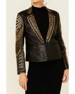 Scully Women's Black Lamb Studded Hook-Front Leather Blazer  -Scully Shop 2000348620 001 P3
