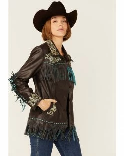 Scully Women's Brown & Turquoise Embroidered Yoke & Fringe Suede Leather Jacket -Scully Shop 2000348622 200 P1 1