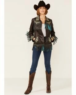 Scully Women's Brown & Turquoise Embroidered Yoke & Fringe Suede Leather Jacket -Scully Shop 2000348622 200 P4