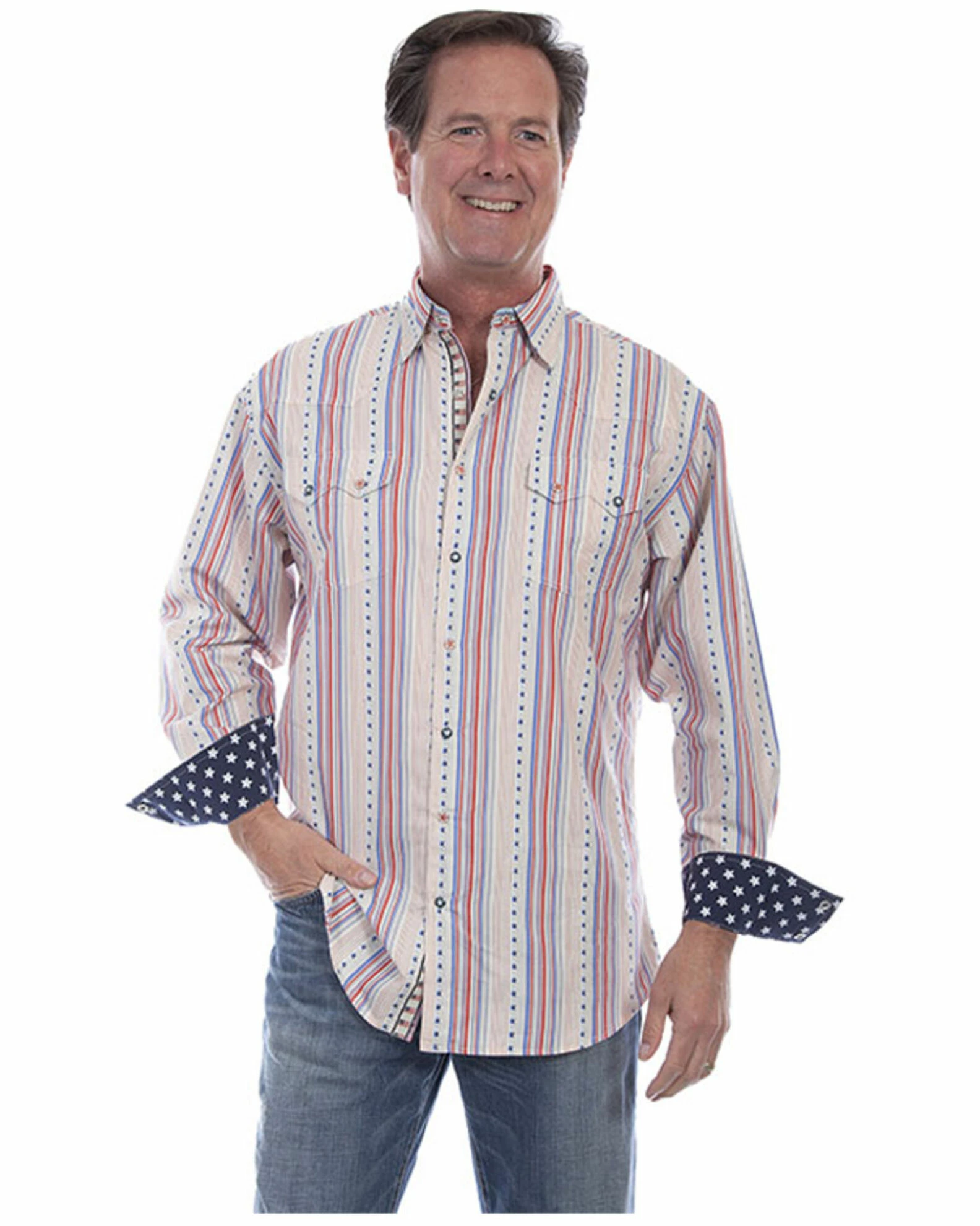 Scully Men's Multi Stars & Stripes Print Long Sleeve Snap Western Shirt White 3 Scully Men's Multi Stars & Stripes Print Long Sleeve Snap Western Shirt White