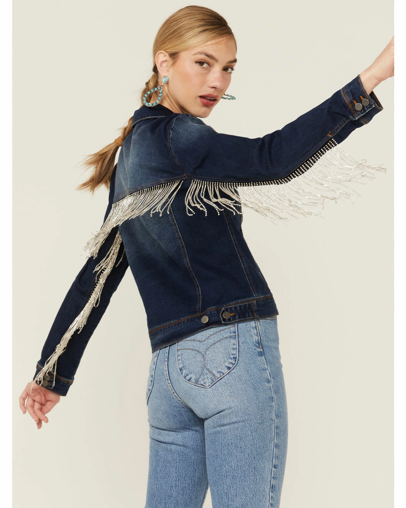 Scully Women's Rhinestone Fringe Denim Jacket Blue 3 Scully Women's Rhinestone Fringe Denim Jacket Blue