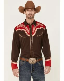 Scully Men's Boot Stitch Embroidered Chocolate & Red Long Sleeve Snap Western Shirt  Brown