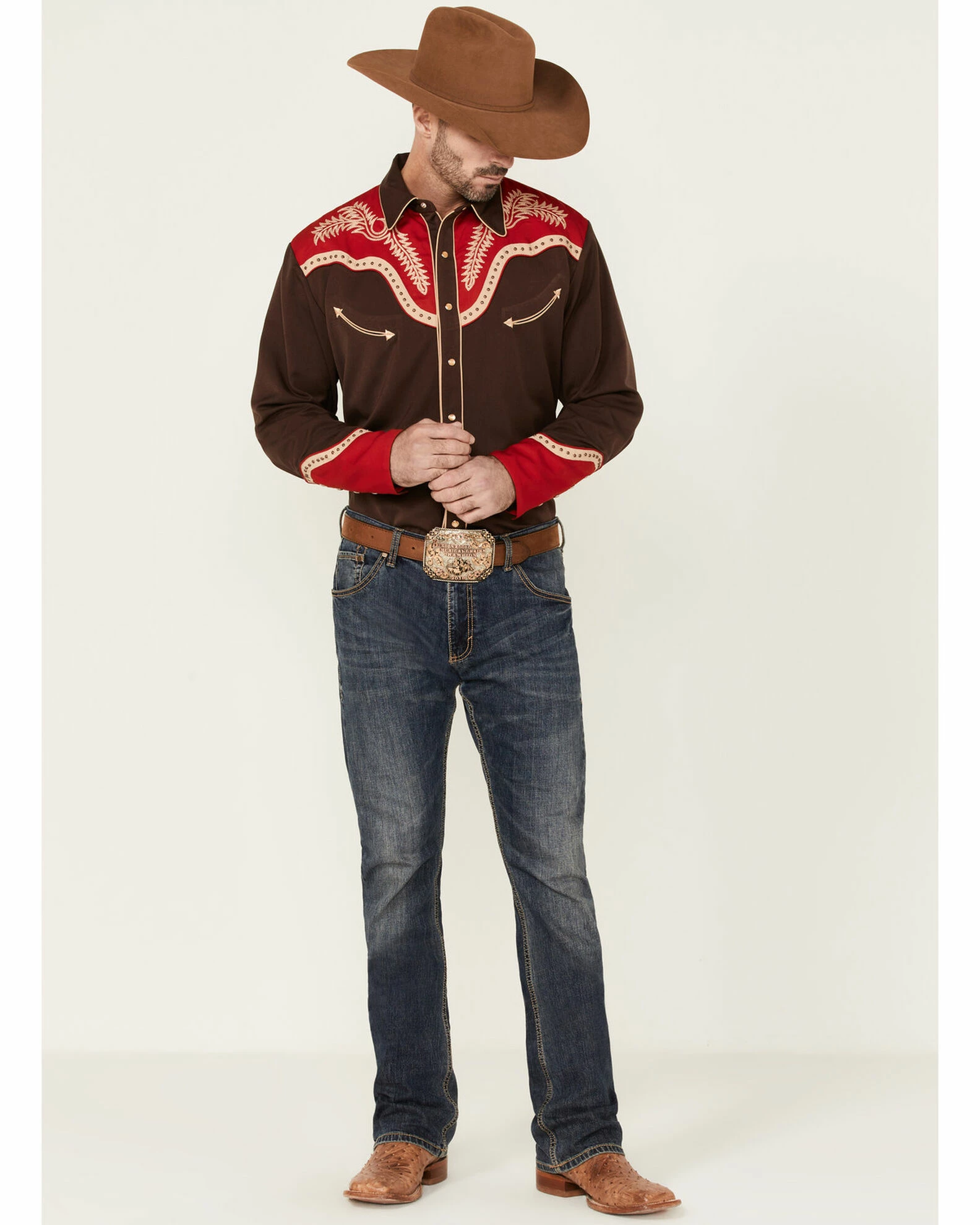 Scully Men's Boot Stitch Embroidered Chocolate & Red Long Sleeve Snap Western Shirt Brown 4 Scully Men's Boot Stitch Embroidered Chocolate & Red Long Sleeve Snap Western Shirt Brown - Image 2